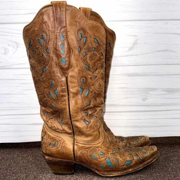 Corral Shoes - Corral Vintage Cowboy Boot Leather Turquoise Inlay